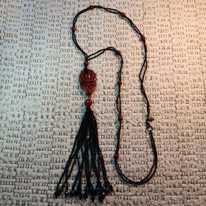 Robert Rose red & black rose tassel seed bead long necklace